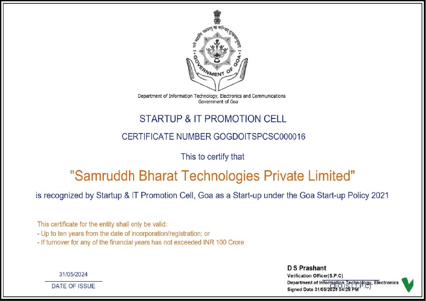 Goa Startup and IT Promotion Cell certificate — Samruddh Bharat Technologies
