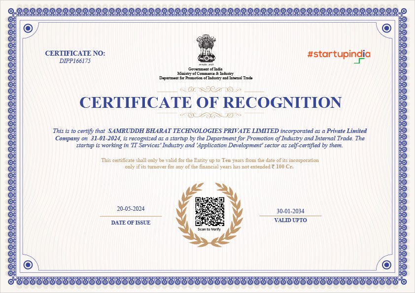 Startup India certificate of recognition — Samruddh Bharat Technologies